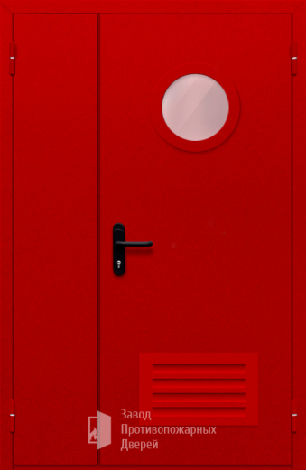 Фото двери «Полуторная с круглым стеклом и решеткой (красная)» в Реутове